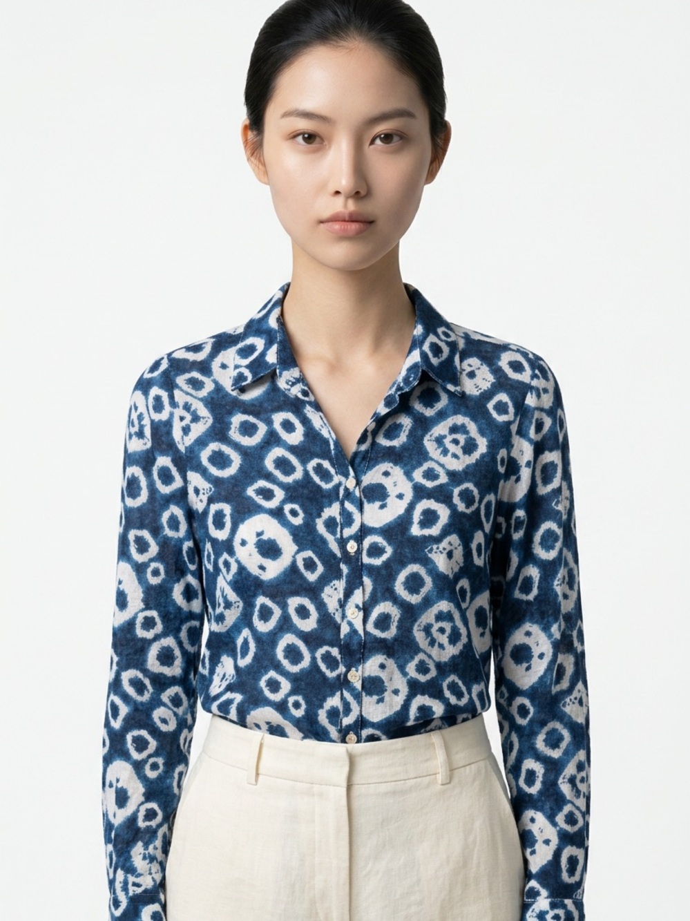 CP SHADES | 100% Linen Blue Printed Button-Front Shirt Women’s Size X-Small